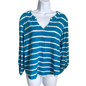 Caribbean Joe Blue and White Striped Button-Up Top – Size L – 100% Cotton